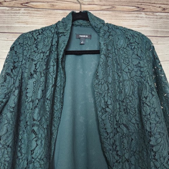 Torrid Blazer Women's Size 1 Dark Green Lace  Open Front Jacket Long Sleeve - Picture 2 of 15